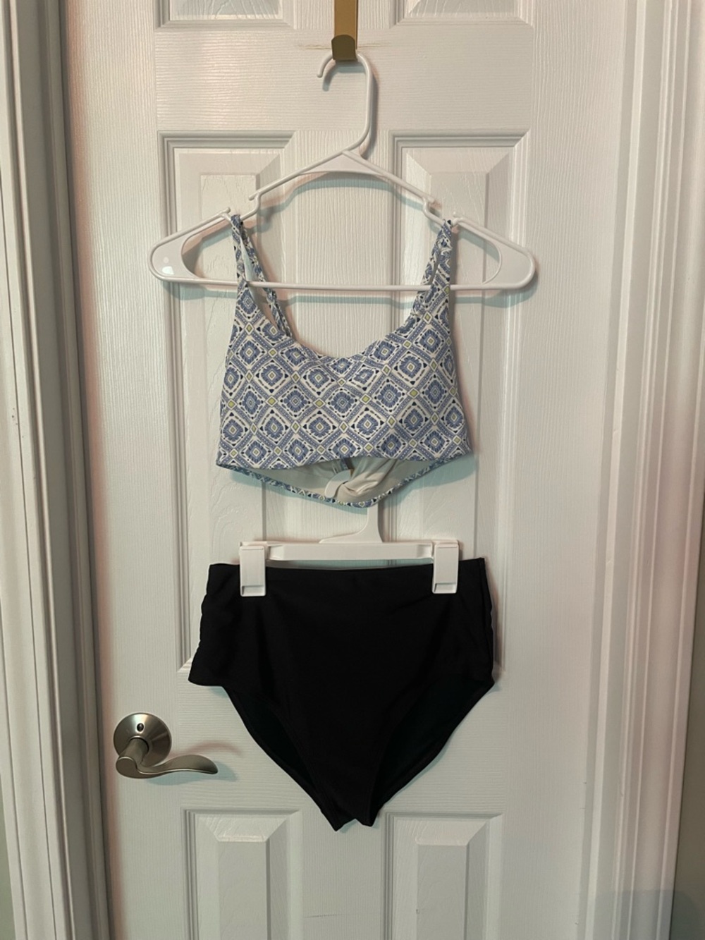 Old Navy Blue Patterned Bikini Top with Black High-Waist Cheeky Bottoms